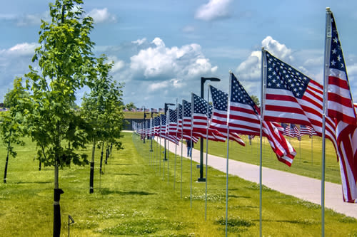 Sidewalk to cementary with flags.